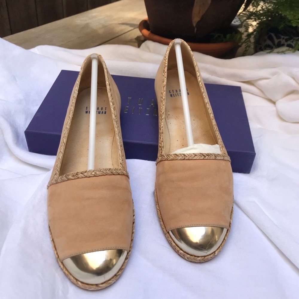 Stuart Weitzman Nubuck Cap Toe Espadrille Flats Beige Sz 9
